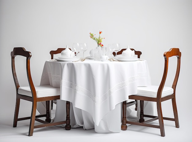 Round restaurant table with a cloth set for two persons isolated on white background