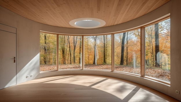 A round room with a large window that has a view of the trees outside.