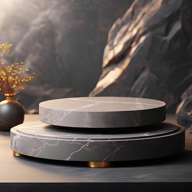 Round round stone table with rocks and a lamp on the table