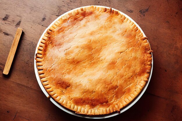 Photo round ruddy meat pie on rustic wooden table