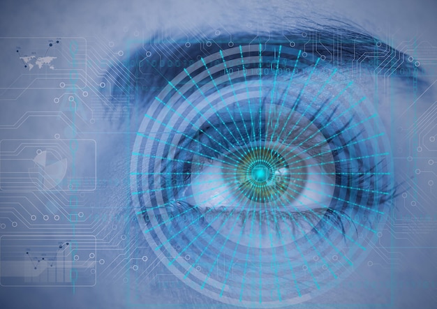 Round scanner and microprocessor connections against close up of female human eye