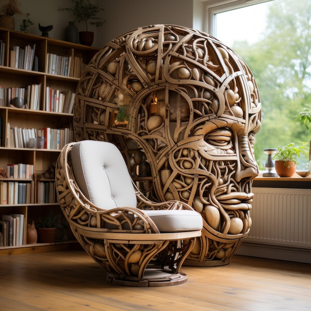 A round shape book rack with light bulbs in room and luxury chair
