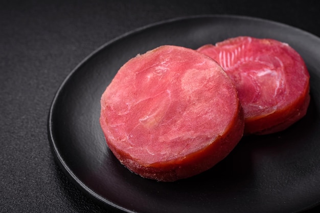 사진 round shape steaks of raw juicy tuna with salt and spices