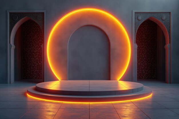 Photo a round stage with a circle of orange lights on it