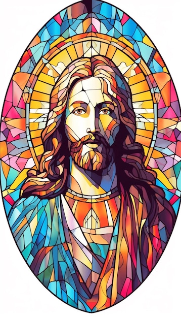 A round stained glass picture of jesus with a cross generative ai