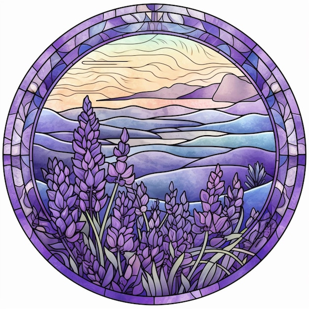 A round stained glass window with lavenders in the foreground generative ai