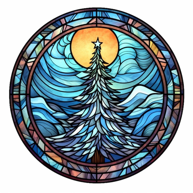 a round stained glass window with a tree and waves generative ai