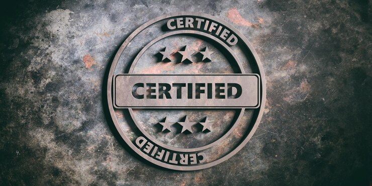 Photo round stamp sign with text cerified on metal background 3d illustration
