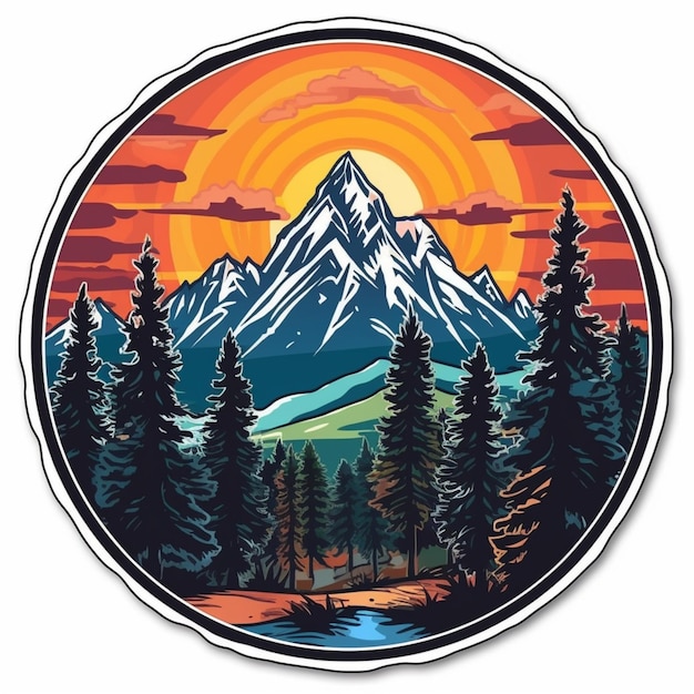 Photo a round sticker with a mountain scene in the background generative ai
