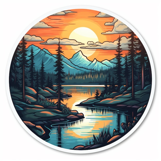 a round sticker with a sunset scene of a lake and mountains generative ai