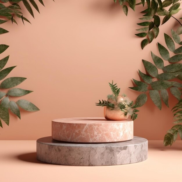 a round stone pedestal with a plant on it and a pot with a plant on it.