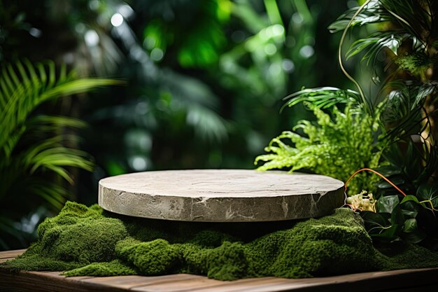 Round stone podium display on a plants and wood background