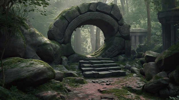 Round stone portal in the forest an abandoned temple Path made of stones in the forest