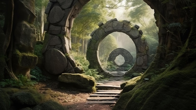 Round stone portal in the forest an abandoned temple Path made of stones in the forest