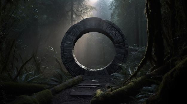 Round stone portal in the forest an abandoned temple Path made of stones in the forest