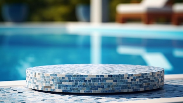 Round stone product display podium on the edge of the swimming pool