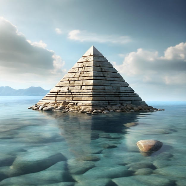 写真 静かな 水域 と 美しい 景色 の 中 に ある 丸い 石 の ピラミッド