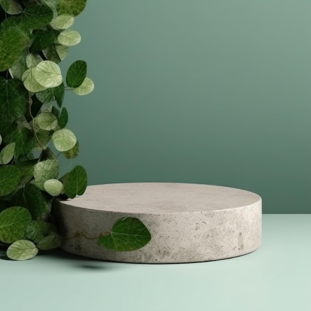 a round stone table with a plant on it