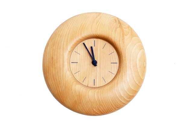 Round stylish wooden wall clock Isolated on white background Front view