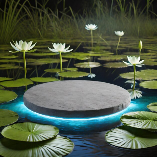 Round surface gray stone podium on water lillies Ai Generated