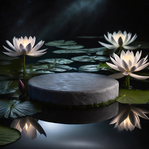 Photo round surface gray stone podium on water lillies ai generated