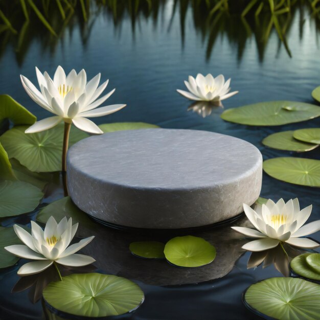 Round surface gray stone podium on water lillies Ai Generated