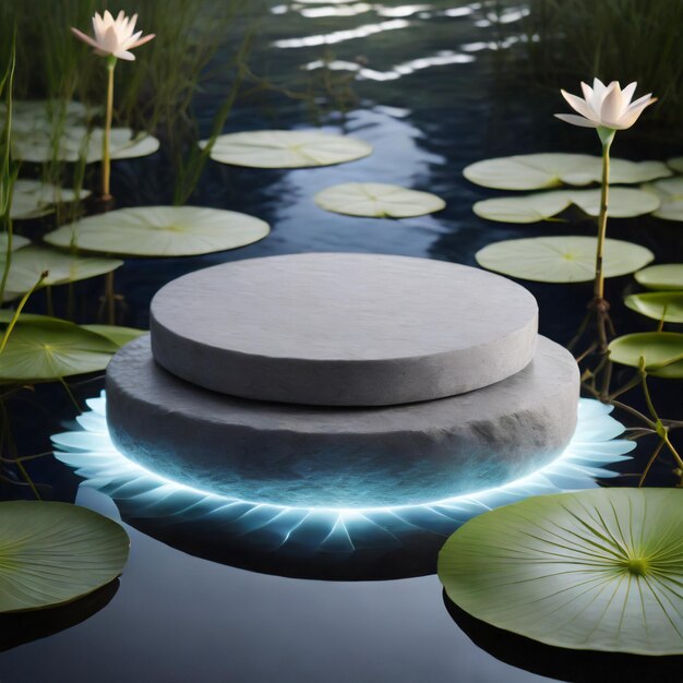 Round surface gray stone podium on water lillies Ai Generated