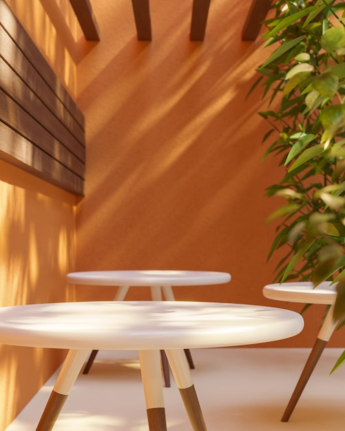 Подиум за круглым столом для размещения продукции на уютном тропическом оранжевом фоне ресторана 3d рендеринг