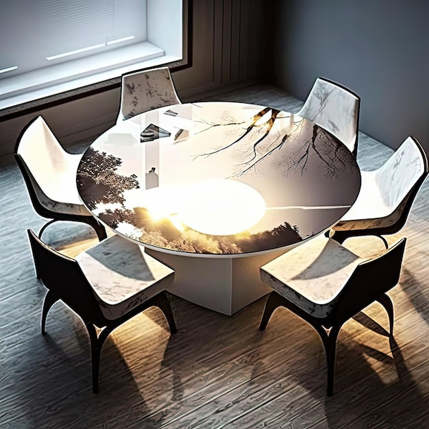 A round table with a fire ring and four chairs with a picture of a tree on it.