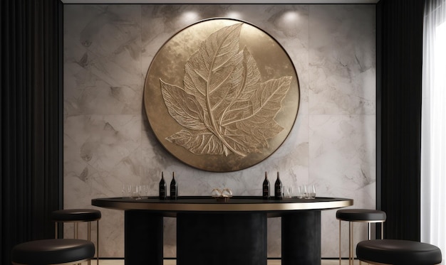 A round table with a leaf on it