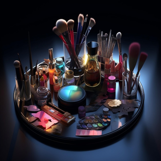 Photo a round table with makeup and brushes on it.