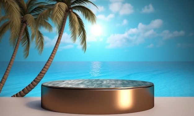 A round table with a palm tree on the beach and a blue sky with clouds in the background.