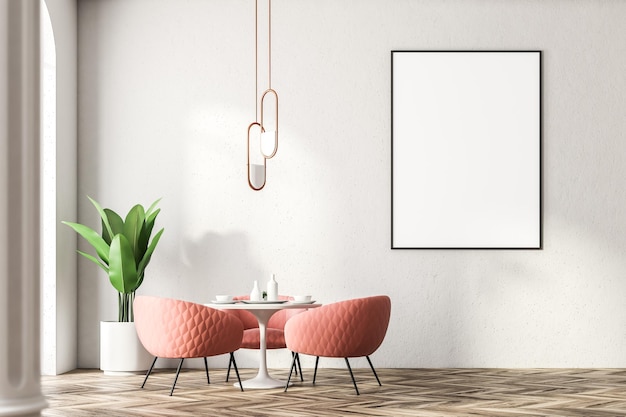 round table with pink armchairs standing near it. modern coffee shop interior. a vertical mock up poster frame. a close up. 3d rendering