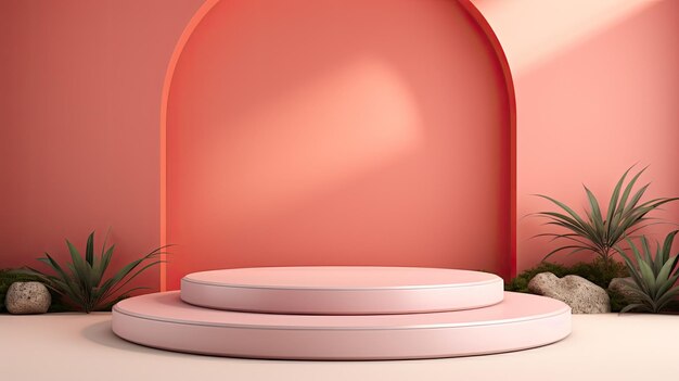 a round table with a pink base and a green plant in the corner.