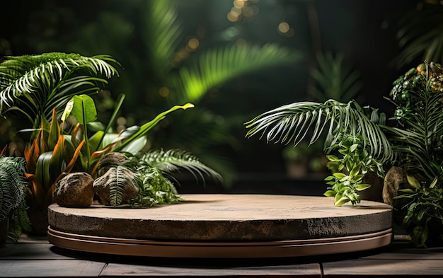 A round table with plants and a round base with plants on it.