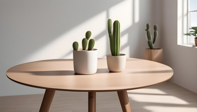 Photo a round table with a round top and a small table with a potted cactus on it