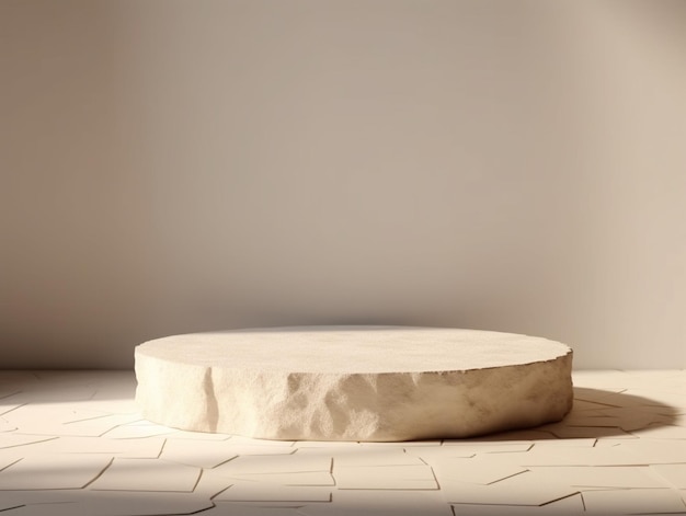 a round table with a white stone on it and a white stone bench on the floor.