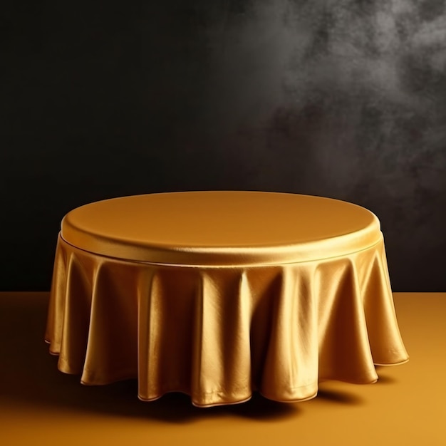 A round table with a yellow cloth on it and a black background.