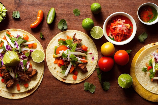 Round tacos mexican with hot sauce and lime on wooden table