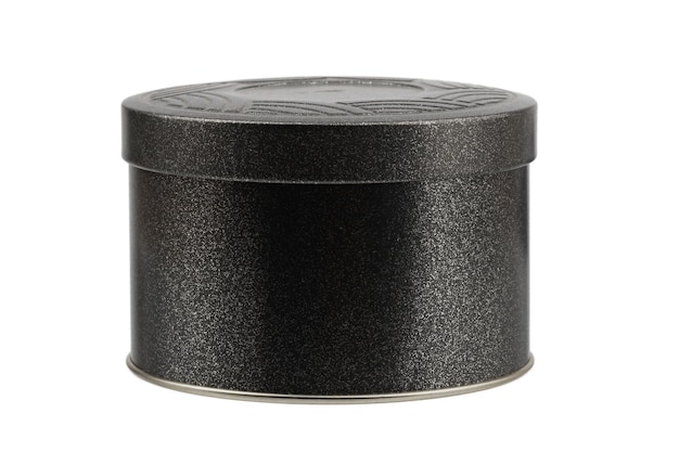 a round tin can for tea or coffee is isolated on a white background