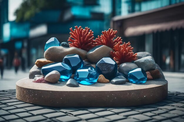 Round tinted glass rock cosmetic podium scenery with stony corals in the street