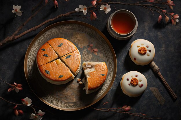 Round traditional chinese cakes for new years holiday shu cake created with generative ai