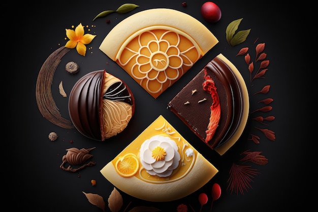 Photo round traditional chinese desserts with different fillings shu cake on dark background created with