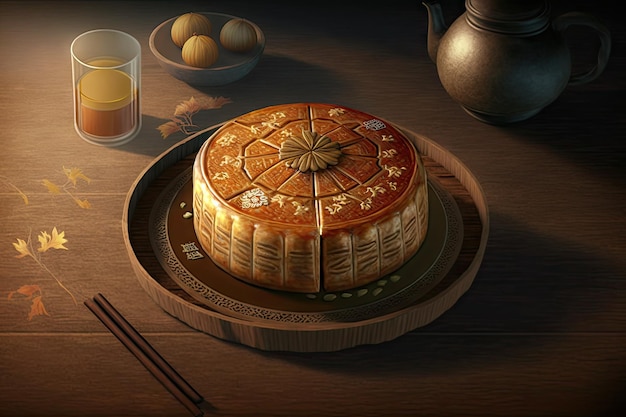 Round traditional chinese shu cake for holidays on table created with generative ai