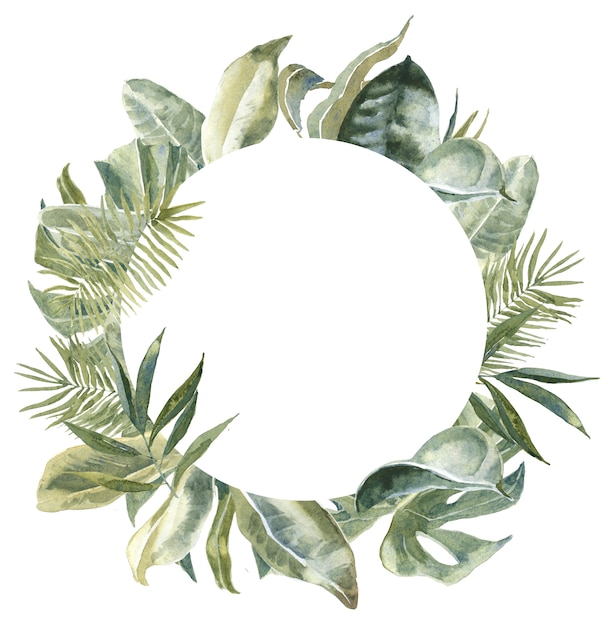 둥근 열대 나뭇잎 프레임입니다. 이국적인 꽃 화환. 종려 잎 인쇄 테두리