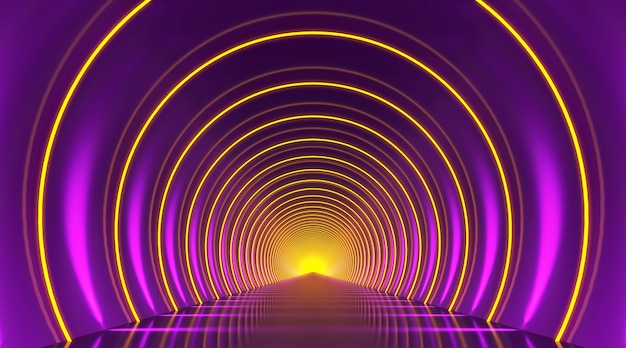 Round tunnel podium abstract background. violet yellow light\
reflection stage. 3d render.