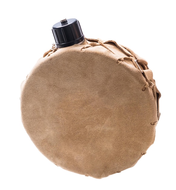 Round water bottle canteen isolated on white background vintage army flask