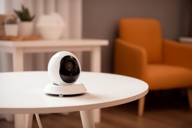 Photo round white baby camera on table safeguarding wireless video device for children generate ai