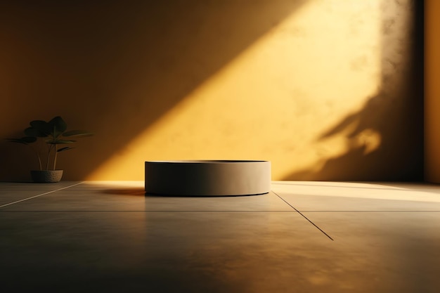 A round white bowl sits on a table in front of a yellow wall.