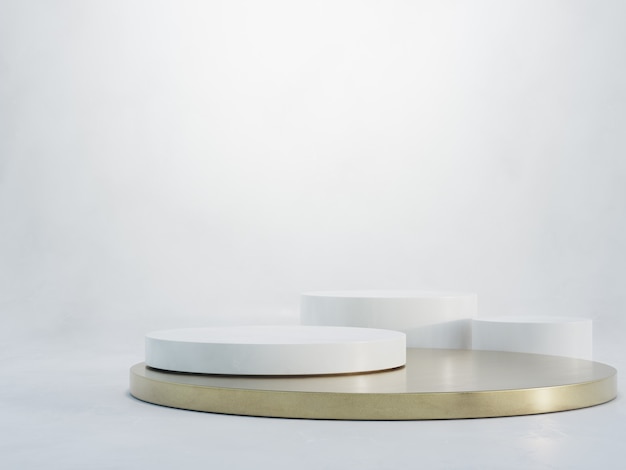 Round white marble podium with a metallic gold base on concrete floor and empty wall background